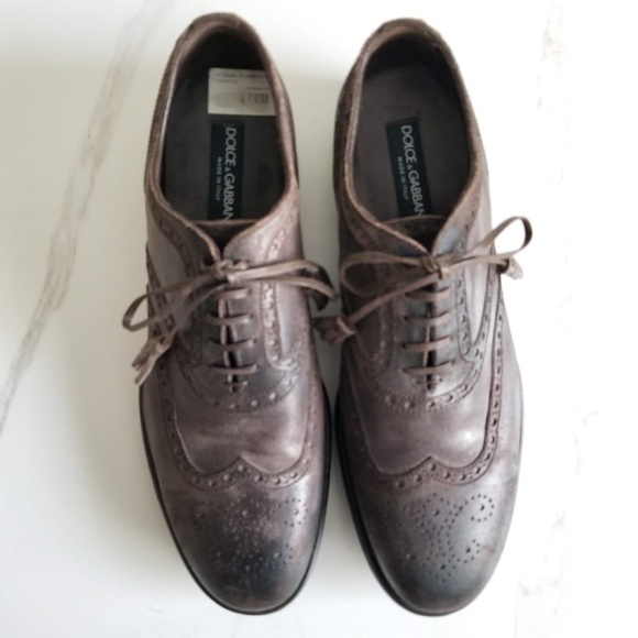 Dolce & Gabbana Men\'s Oxfords Lace Up Wingtip Shoes Brown Distressed Leather
